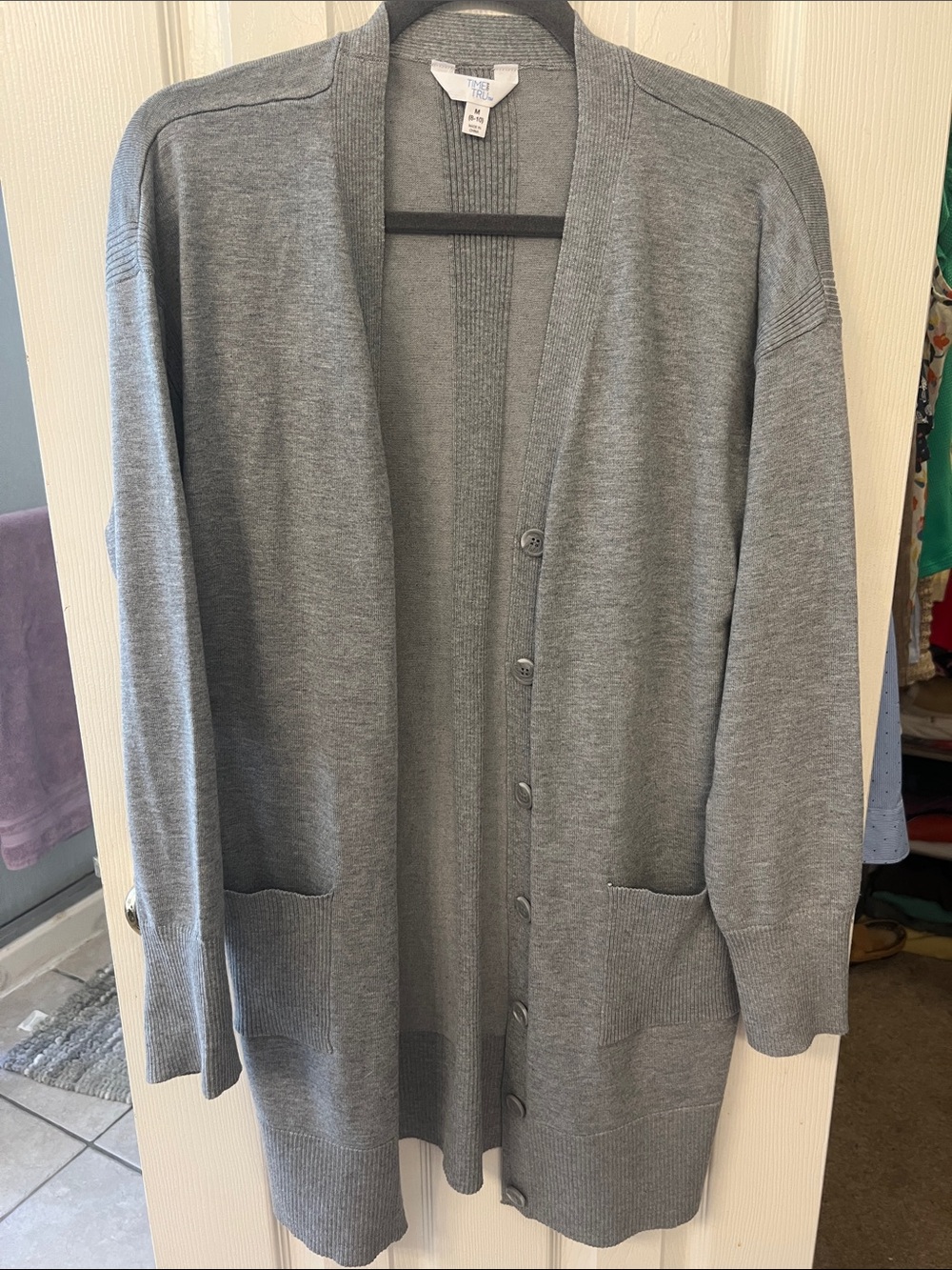 Time and Tru Gray Long Button-Up Pocket Cardigan